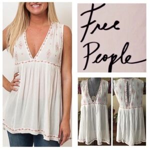 NWT Free People Adorable Embroidered Plunging Neckline Tunic Tank Top Size Large